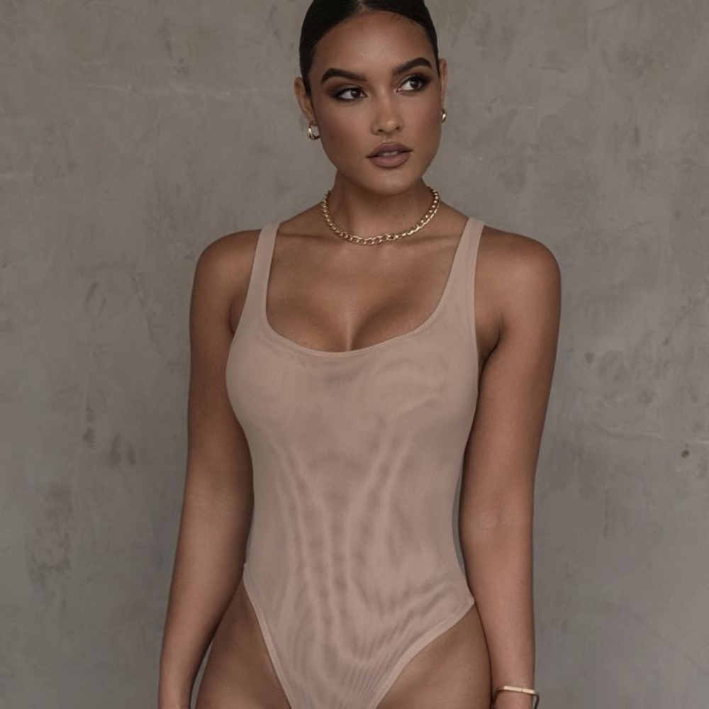 JLUX BEIGE MESH ESSENTIALS TANK BODYSUIT UNDERGARMENT- Small